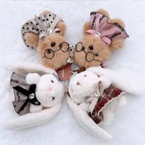 Cute plush bunny and bear keychains with stylish dresses and glasses for bag decoration gifts.