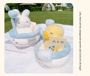 Cute plush toy set featuring a white rabbit and yellow duck in a mini bathtub, soft and cozy.