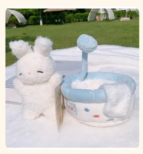 Cute white plush rabbit toy with blue bathtub bath set, soft stuffed doll companion gift.