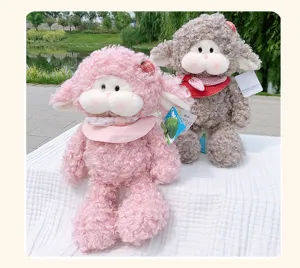 Detailed shot of cute curly sheep plush toys with pink and grey designs, soft and cozy.