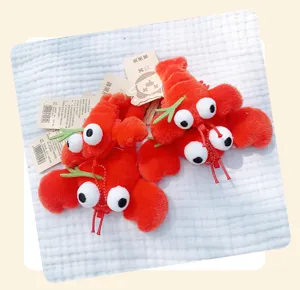 Cute lobster plush keychain, red stuffed animal bag charm with big eyes and sprout detail.