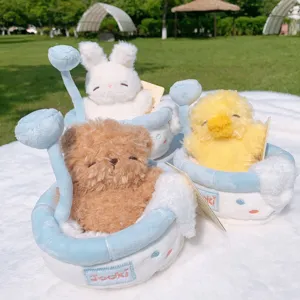 Cute plush toy set featuring bear, rabbit and duck in little bath tubs, soft doll gifts.