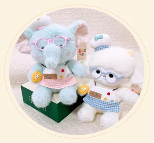 Cute chef plush toy set, soft stuffed elephant and lamb dolls with glasses and aprons.