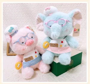 Cute chef pig and elephant plush toys, soft stuffed animal dolls with glasses and lovely aprons.