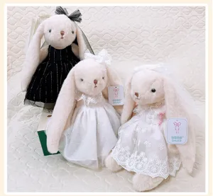Cute lop-eared rabbit plush toy with wedding dress, soft stuffed animal doll for girls and gifts.