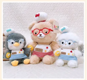 Detailed view of cute chef plush toys set featuring penguin, bear, and sheep figures.
