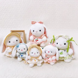 Pastoral style cute rabbit plush toy set with floral dress and hat. Soft bunny doll for girls.