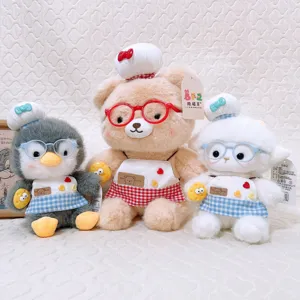 Cute chef plush toy set featuring adorable bear, penguin, and sheep dolls with glasses.