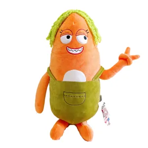 Peluche divertente bambola arancione carina con capelli verdi e salopette vista principale.