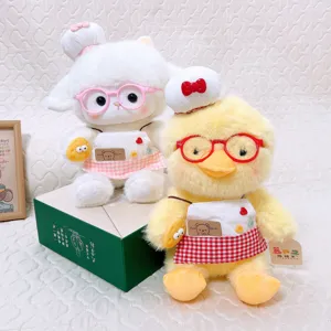 Cute chef plush toys set including sheep and yellow duck with glasses and apron for gift.