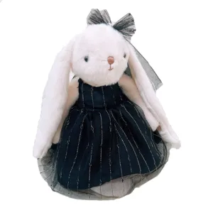 Plush bunny soft toy with black princess dress and bow, cute comforting doll for girls.