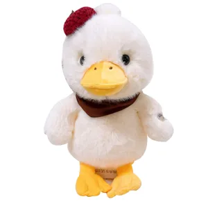 Cute white plush duck toy with red berry hat soft stuffed animal gift for kids and girls