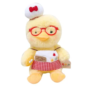 Cute chef duck plush toy with red glasses and checkered apron, soft stuffed doll gift.