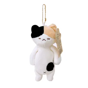 Cute plush cat keychain pendant, soft stuffed animal bag charm with gold ball chain accessory.