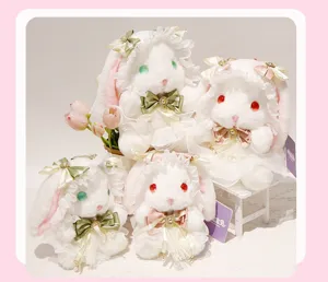 Cute Lolita plush rabbit doll with lace dress and sweet bowknot, soft stuffed toy for girls bedroom.