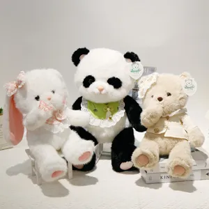 Cute plush toy set featuring soft rabbit, panda and teddy bear dolls with lovely outfits for gifts.