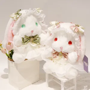 Cute Lolita plush rabbit toy with lace dress and bonnet, soft stuffed doll for girls, sweet room decor.