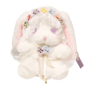 Cute white lolita rabbit plush toy with flower crown and lace dress, soft stuffed animal doll.