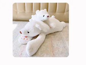 Cute lying polar bear plush toy pillow detail, soft stuffed animal doll for bed and gift.