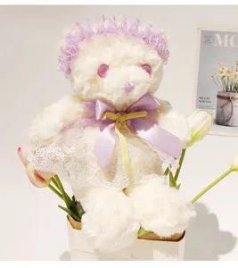 Cute Lolita style teddy bear plush toy with purple lace hat and dress detail shot