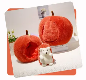 Detailed view of cute apple plush pet bed and hedgehog toy set, soft cozy room decor gift.