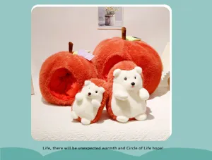 Close-up detail of cute apple plush pet bed and white hedgehog doll, cozy room decor setup.