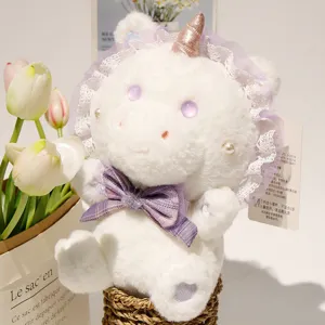 Cute Lolita Unicorn Plush Toy Stuffed Animal Doll with Lace Bonnet and Purple Bow for Girls.