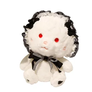 Cute Lolita plush doll with black lace bonnet, fluffy white stuffed animal toy for girls.