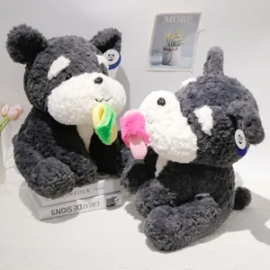 Simpatico peluche schnauzer grigio con lingua a corda colorata, morbida bambola di pezza per ragazze.