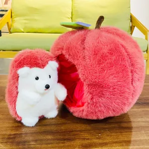 Cute apple shaped plush house with hedgehog doll set, soft stuffed toy for girls and kids.