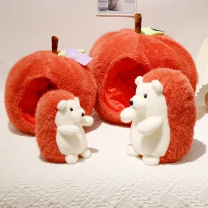 Cute apple plush cave and hedgehog stuffed doll set, soft bed pillow for girls and kids birthday gift.