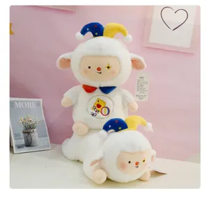 Cute circus white sheep plush toy featuring colorful jester hat and lovely embroidery details.