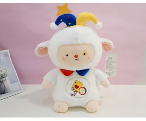 Cute circus white sheep plush toy, jester hat design, soft stuffed doll pillow for kids girls.