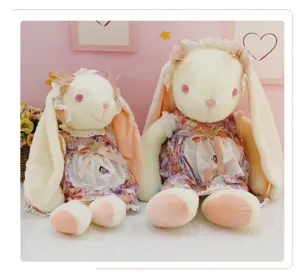 Cute floral dress big ear rabbit plush toy soft stuffed doll hug pillow for kids and girls gift