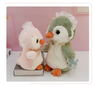 Cute loli penguin plush toy doll with lace bonnet soft stuffed animal pillow gift
