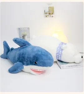 Ocean series cute plush shark and polar bear pillow doll, soft stuffed companion toy.