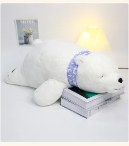 Large white polar bear plush pillow toy with blue striped scarf for cozy sleeping and room decor