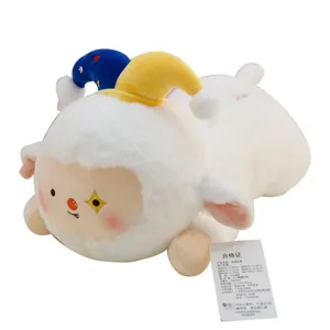 Cute circus white sheep plush toy, lying down stuffed animal pillow with jester hat for girls.