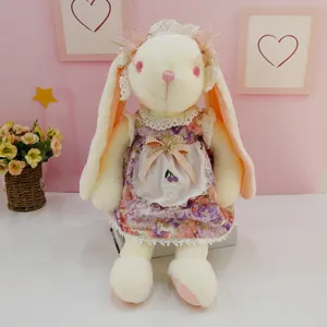 Cute floral dress bunny plush toy, soft stuffed long ear rabbit doll for girls and gift.