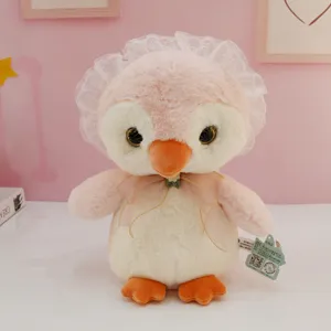 Cute loli penguin plush toy, soft stuffed animal doll with lace hat and pink bow. Perfect gift.