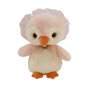 Cute pink penguin plush toy with lace bonnet and bow, soft stuffed doll gift for girls.