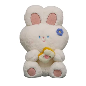 Simpatico coniglietto di peluche bianco con orecchie morbide, cuscino a cuore, bambola regalo.