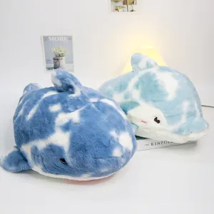 Soft tie-dye blue dolphin plush pillow, cute marine animal stuffed toy for kids and sleeping.