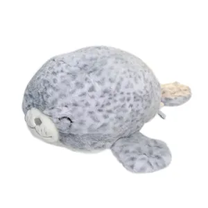 Cute grey spotted seal plush pillow, soft stuffed animal toy for kids and home decor main view.