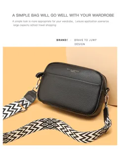 Detailed view of the fashion genuine leather crossbody bag, minimalist design with wide strap.
