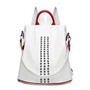 Women Fashion PU Leather Anti-Theft Backpack Casual Travel School Bag Color-Matching Rivet Daily Daypack