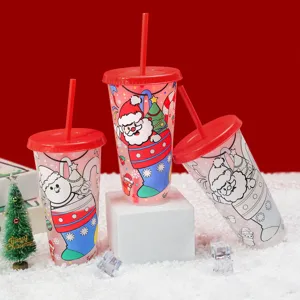 Christmas Color Changing Plastic Tumbler Cold Sensitive Reusable Water Cup With Lid And Straw Party Drinkware