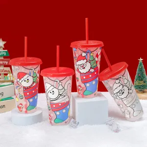 Christmas plastic cup set 24oz with straw and lid, festive snowman and santa design detail.