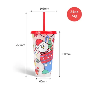 Christmas color changing plastic cup 24oz with straw and lid, festive snowman design main view.