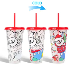 Christmas cold color changing plastic cup 24oz with straw and lid for holiday gifts
